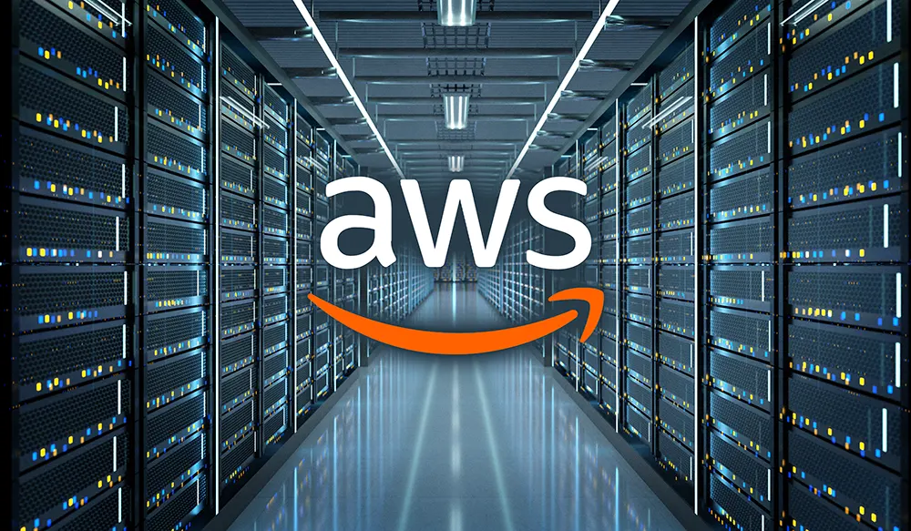 Website servers with an overlay of the AWS logo.