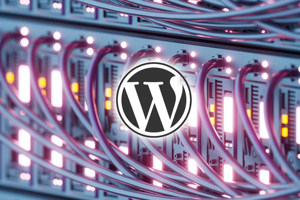 Website servers with an overlay of the WordPress logo.