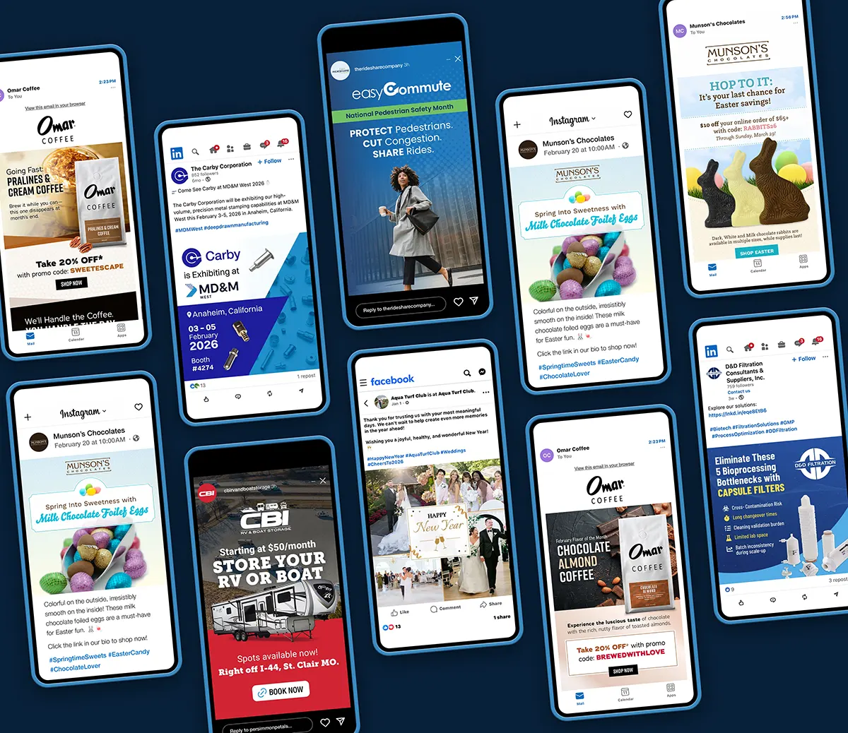 Social and email marketing campaigns displaying on mobile devices.