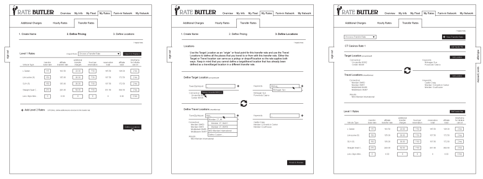 UI wireframes for Rate Butler web application