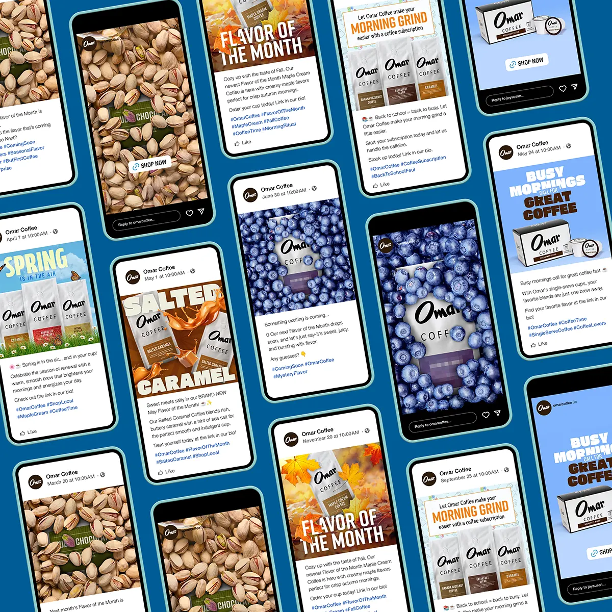 Smartphone screens displaying social media marketing posts.