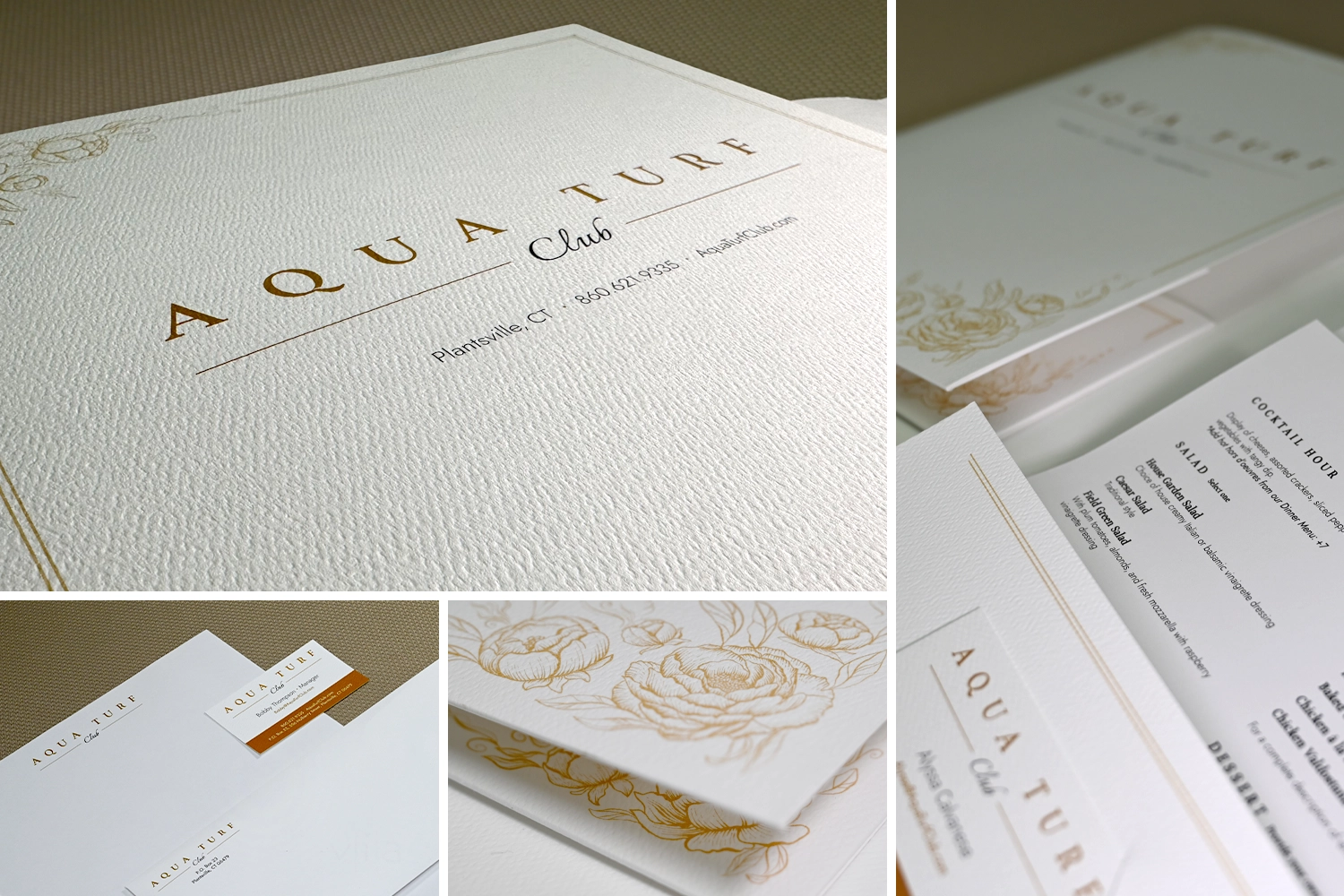 Marketing collateral including letterhead, business cards, and menus showcasing graphic design capabilities.